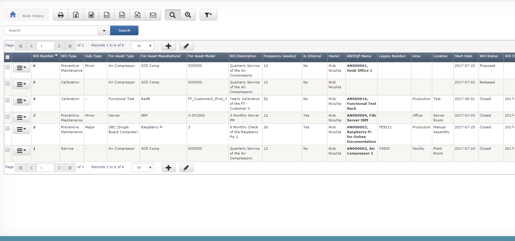 NS-CMMS Work Order Management - List of maintenance work orders