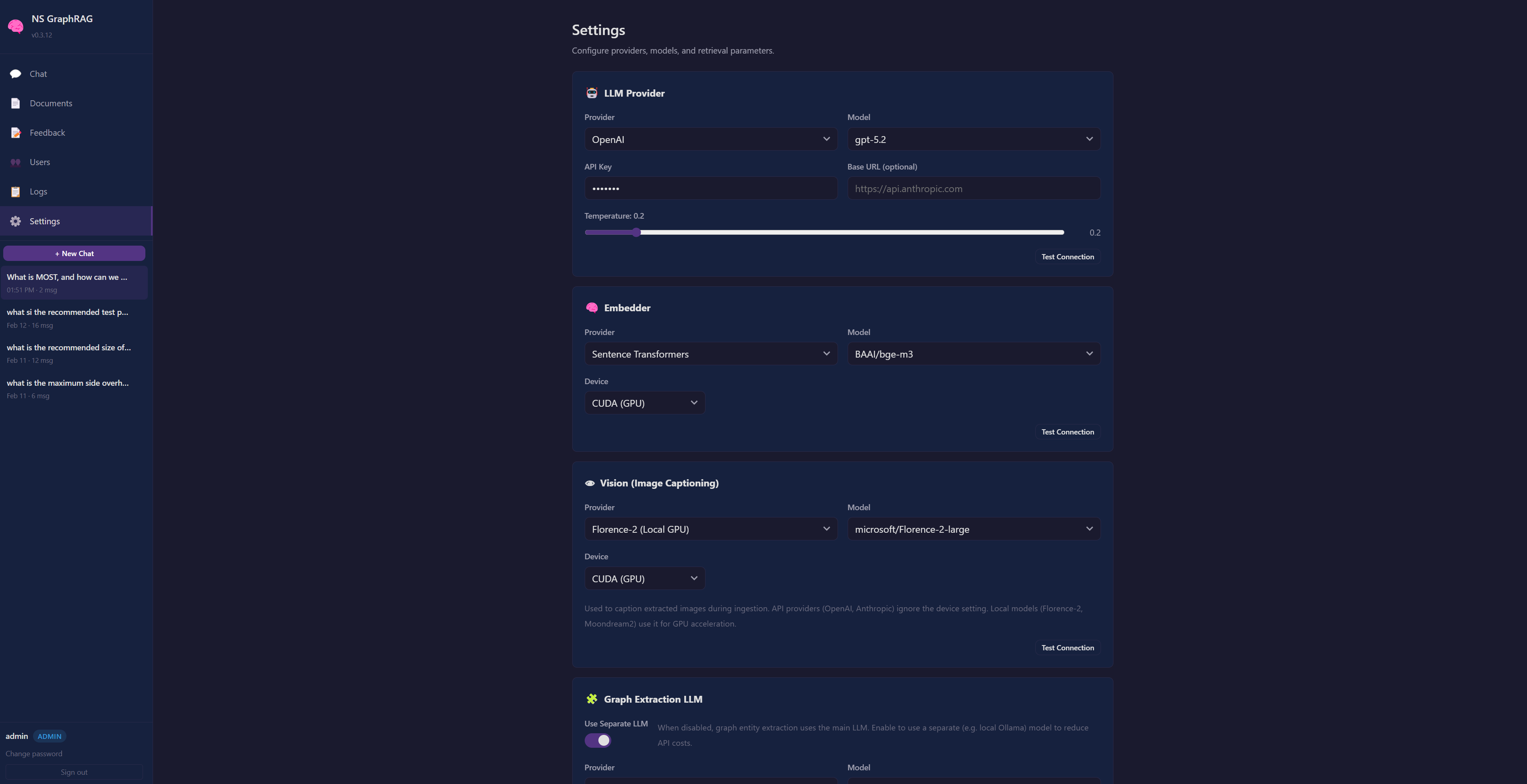 NS GraphRAG settings screenshot