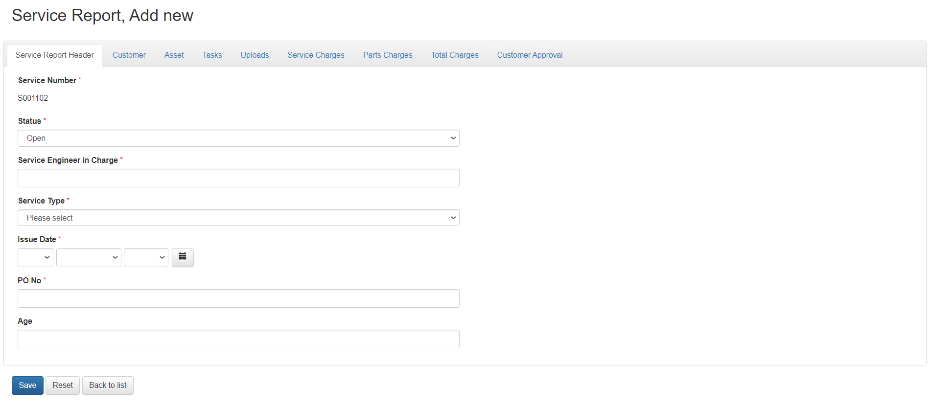 Add New Service Report
