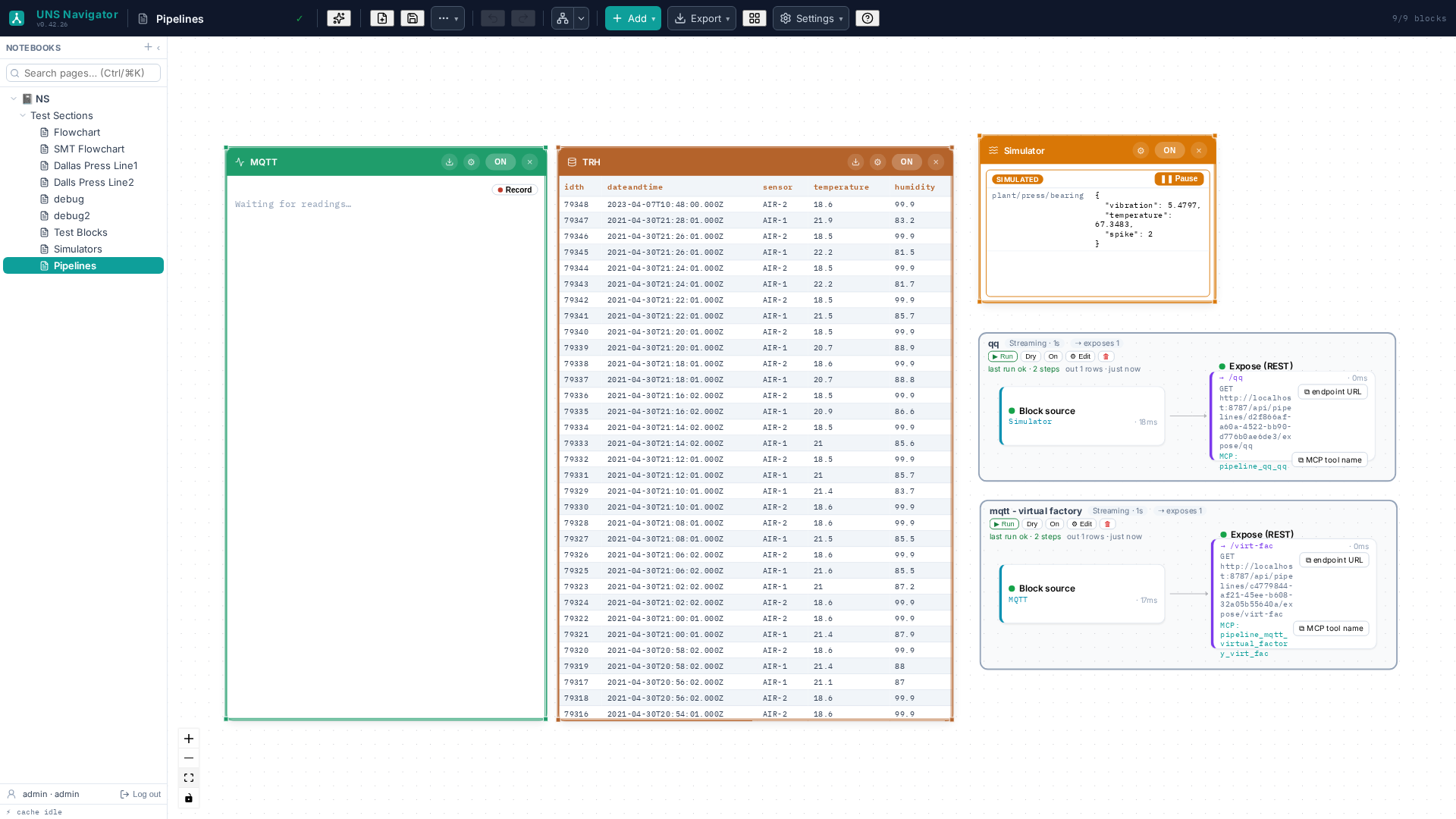 UNS Navigator pipelines converting simulator and MQTT results into REST and MCP endpoints